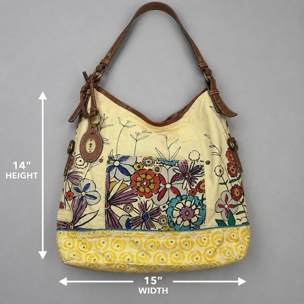 Fossil Long Live Vintage Canvas Floral Retro Hobo Bag Purse Y2K Hippie Boho